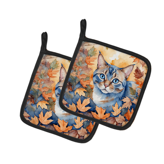 Caroline's Treasures Ojos Azules Cat in Fall Leaves Pair of Pot Holders Kitchen Heat Resistant Pot Holders Sets Oven