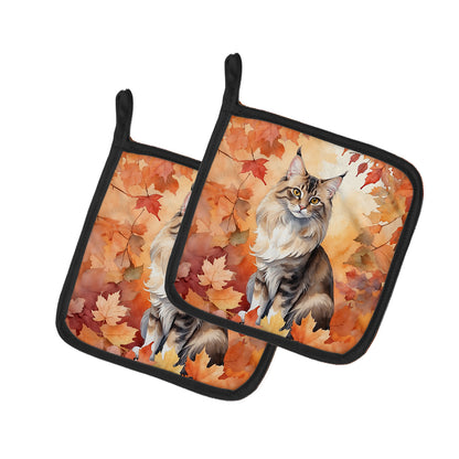 Caroline's Treasures Oriental Longhair Cat in Fall Leaves Pair of Pot Holders Kitchen Heat Resistant Pot Holders Sets