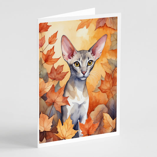 Caroline's Treasures Oriental Shorthair Cat in Fall Leaves Greeting Cards Pack of 8 Blank Cards with Envelopes