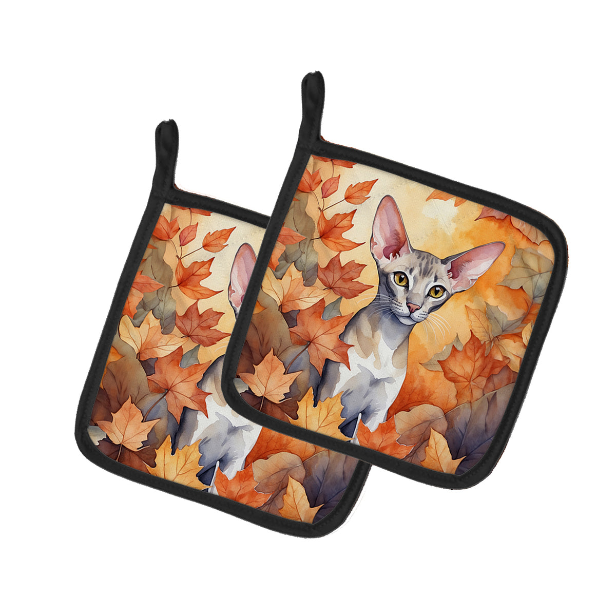 Caroline's Treasures Oriental Shorthair Cat in Fall Leaves Pair of Pot Holders Kitchen Heat Resistant Pot Holders Sets