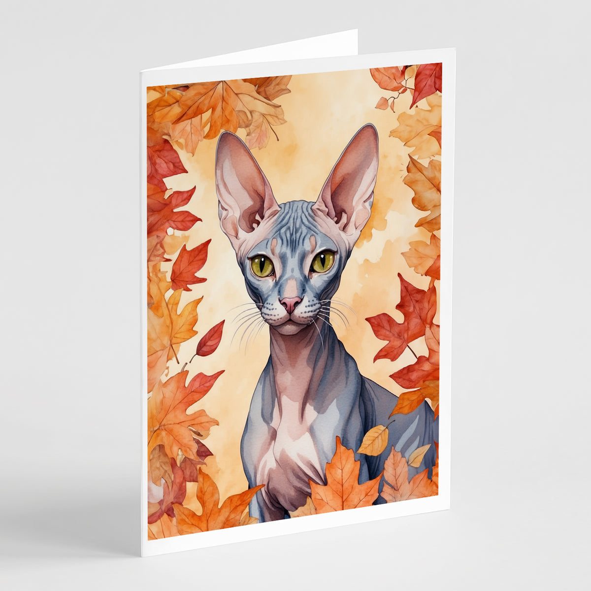 Caroline's Treasures Peterbald Cat in Fall Leaves Greeting Cards Pack of 8 Blank Cards with Envelopes Whimsical A7 Size
