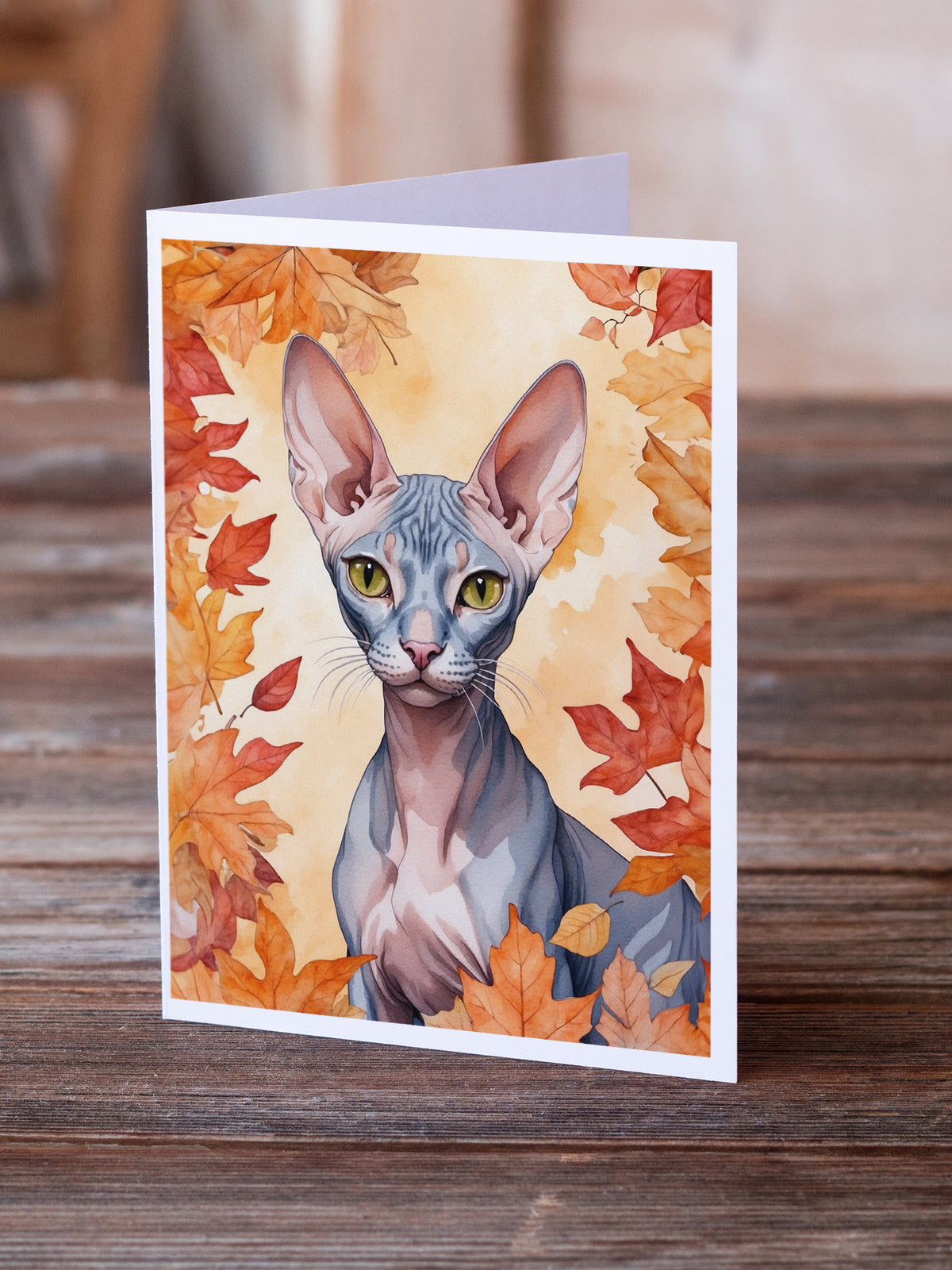 Caroline's Treasures Peterbald Cat in Fall Leaves Greeting Cards Pack of 8 Blank Cards with Envelopes Whimsical A7 Size - image 2