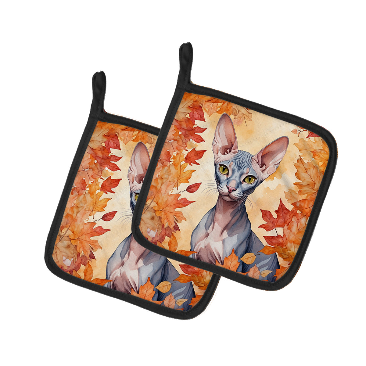 Caroline's Treasures Peterbald Cat in Fall Leaves Pair of Pot Holders Kitchen Heat Resistant Pot Holders Sets Oven Hot