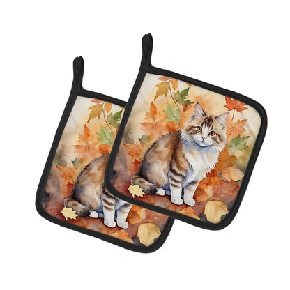 Caroline's Treasures Ragamuffin Cat in Fall Leaves Pair of Pot Holders Kitchen Heat Resistant Pot Holders Sets Oven Hot