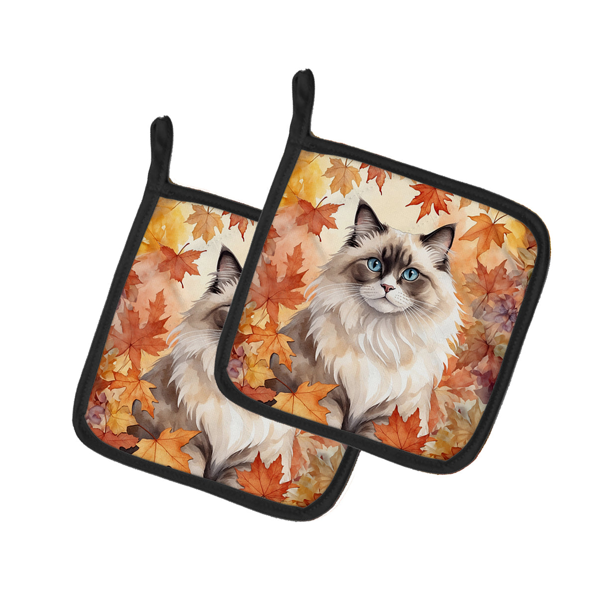 Caroline's Treasures Ragdoll Cat in Fall Leaves Pair of Pot Holders Kitchen Heat Resistant Pot Holders Sets Oven Hot