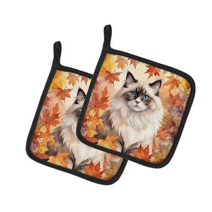 Caroline's Treasures Ragdoll Cat in Fall Leaves Pair of Pot Holders Kitchen Heat Resistant Pot Holders Sets Oven Hot