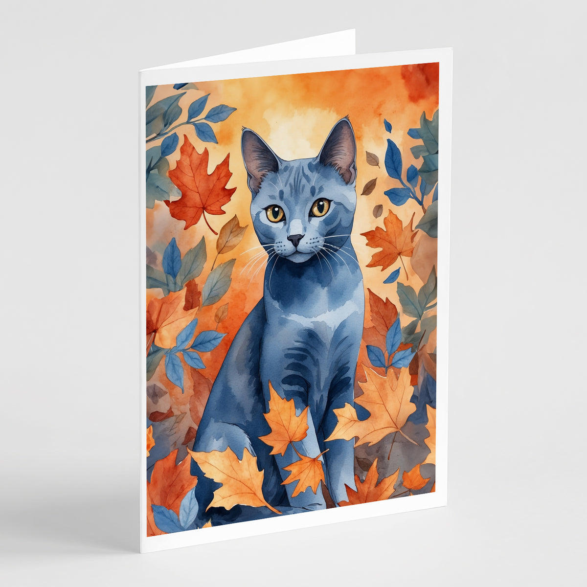 Caroline's Treasures Russian Blue Cat in Fall Leaves Greeting Cards Pack of 8 Blank Cards with Envelopes Whimsical A7