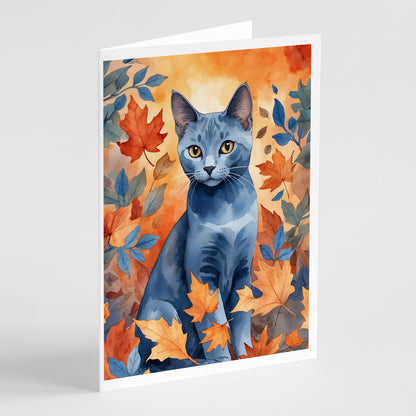 Caroline's Treasures Russian Blue Cat in Fall Leaves Greeting Cards Pack of 8 Blank Cards with Envelopes Whimsical A7