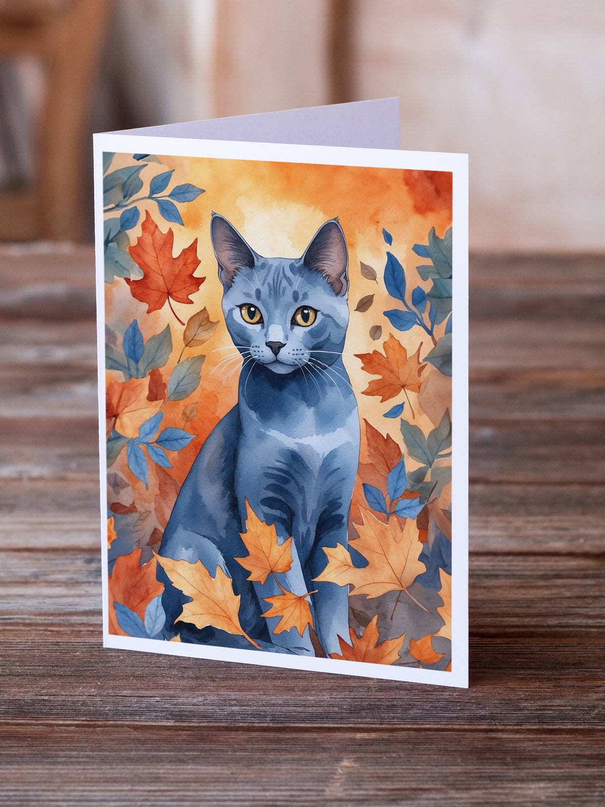 Caroline's Treasures Russian Blue Cat in Fall Leaves Greeting Cards Pack of 8 Blank Cards with Envelopes Whimsical A7 - image 2