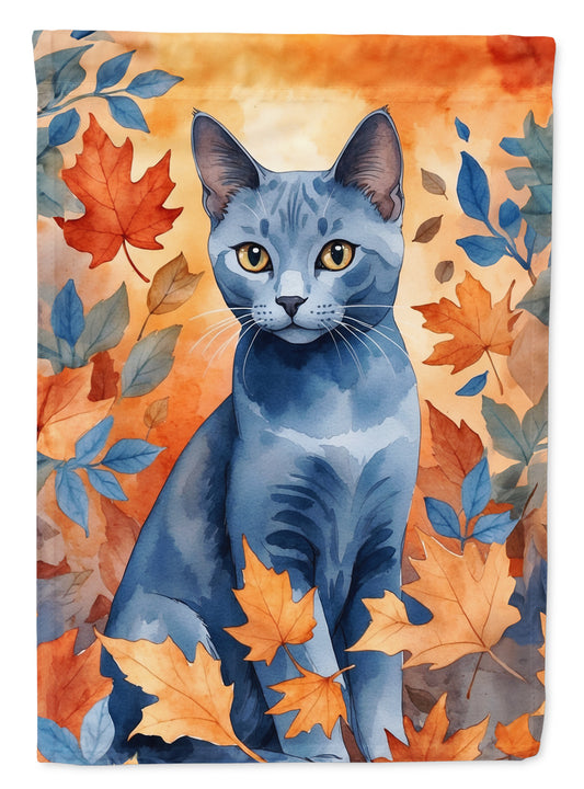 Caroline's Treasures Russian Blue Cat in Fall Leaves Garden Flag Mailbox Flag Decorative Yard Flag Banner Outside Patio