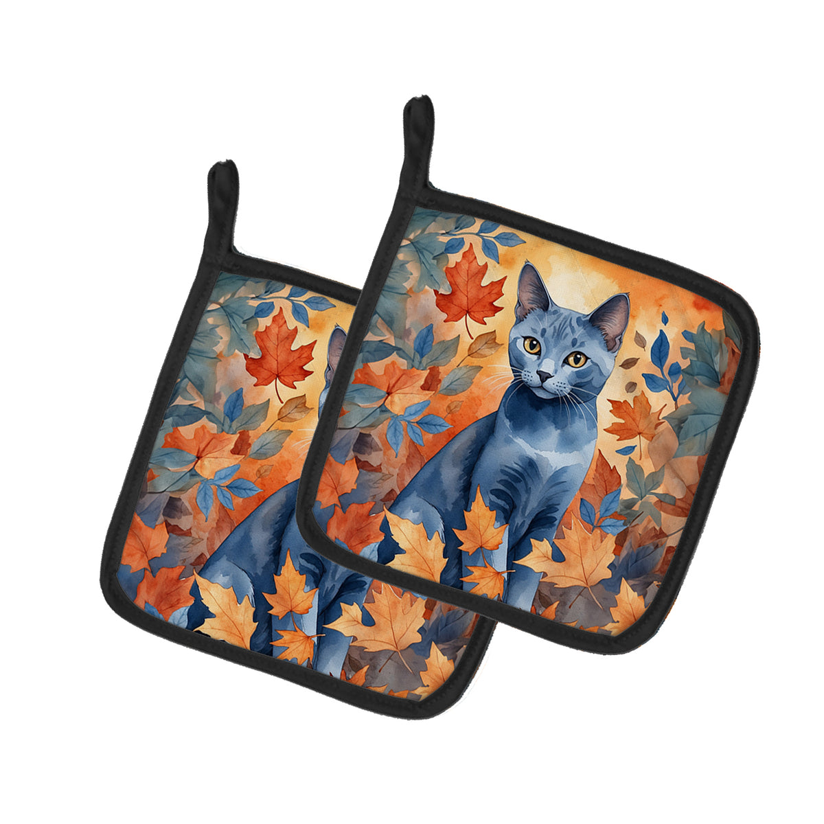 Caroline's Treasures Russian Blue Cat in Fall Leaves Pair of Pot Holders Kitchen Heat Resistant Pot Holders Sets Oven