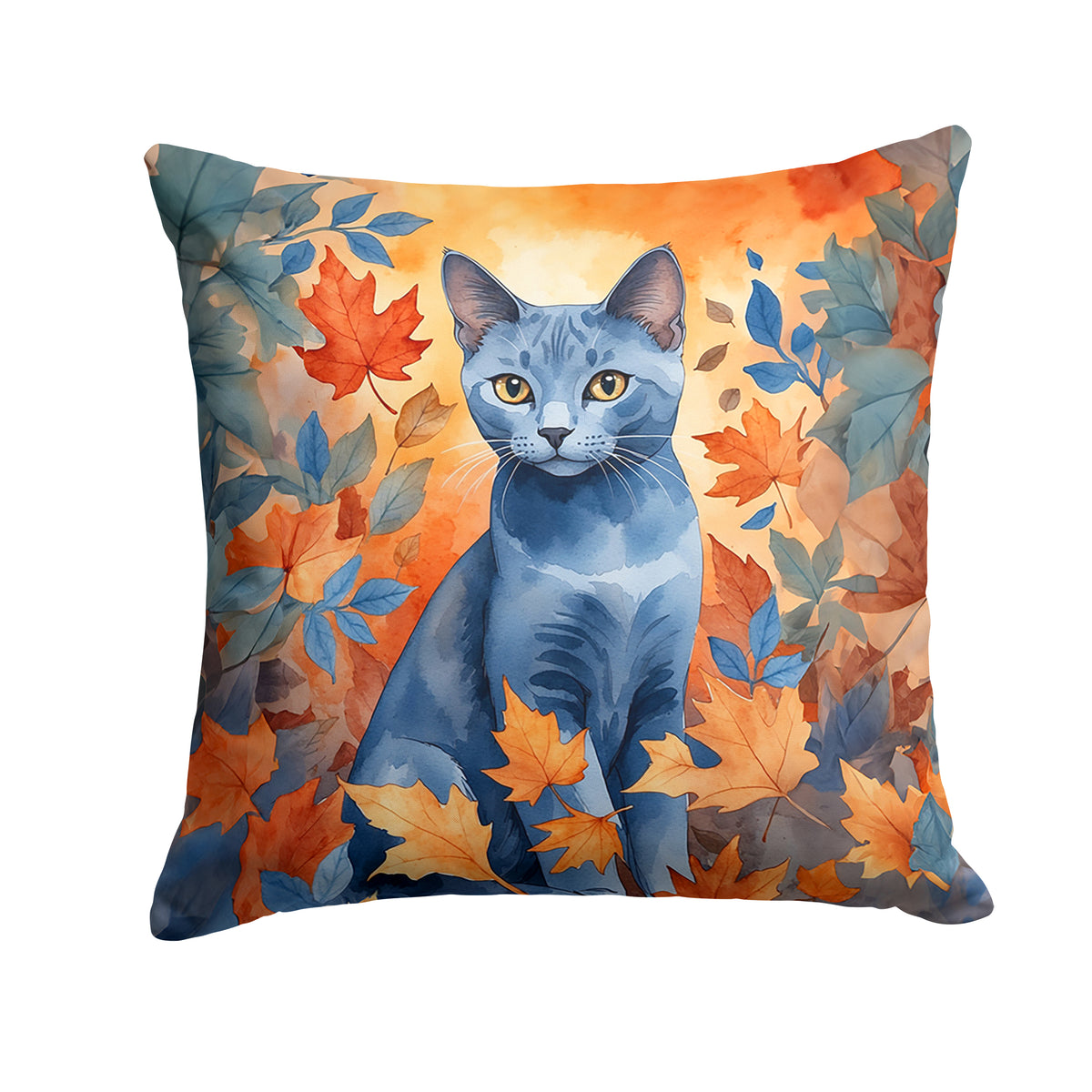 Caroline's Treasures Russian Blue Cat in Fall Leaves Throw Pillow Machine Washable, Indoor Outdoor Decorative Pillow