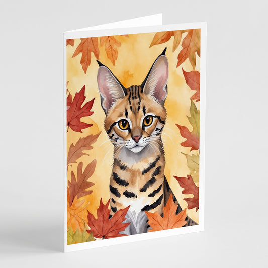 Caroline's Treasures Savannah Cat in Fall Leaves Greeting Cards Pack of 8 Blank Cards with Envelopes Whimsical A7 Size