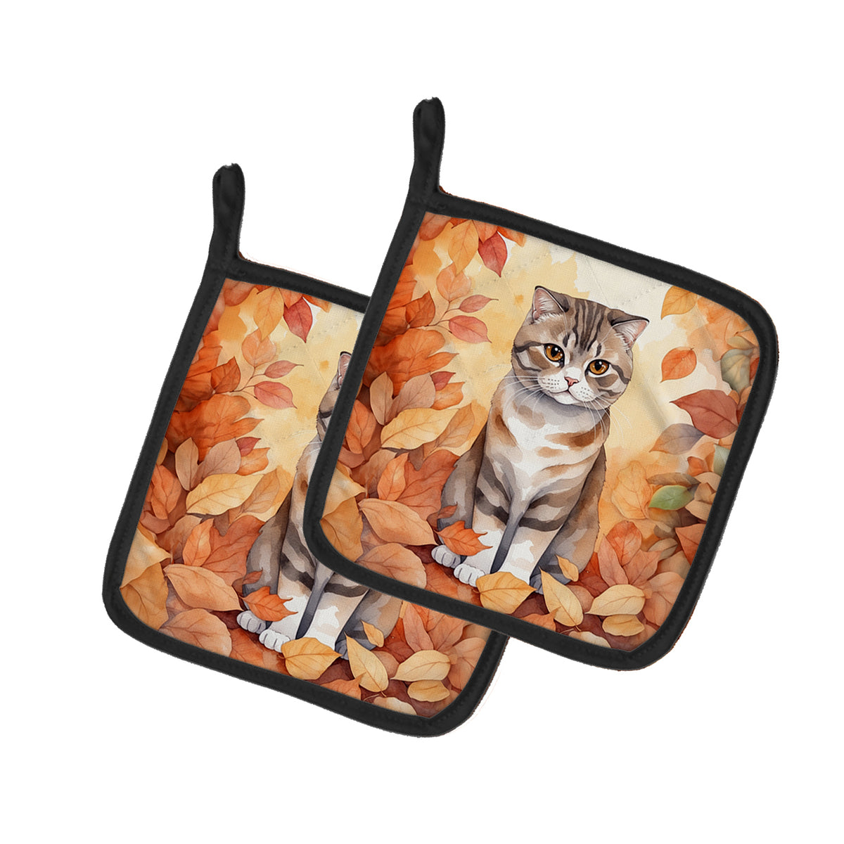 Caroline's Treasures Scottish Fold Cat in Fall Leaves Pair of Pot Holders Kitchen Heat Resistant Pot Holders Sets Oven