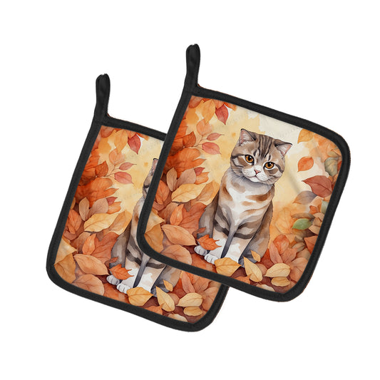 Caroline's Treasures Scottish Fold Cat in Fall Leaves Pair of Pot Holders Kitchen Heat Resistant Pot Holders Sets Oven