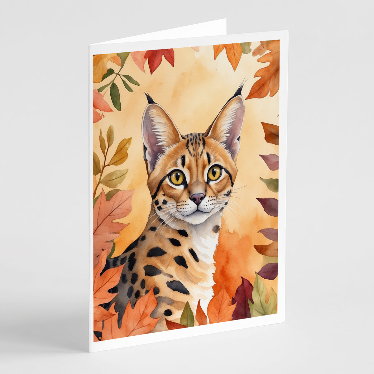 Caroline's Treasures Serengeti Cat in Fall Leaves Greeting Cards Pack of 8 Blank Cards with Envelopes Whimsical A7 Size