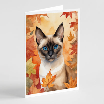 Caroline's Treasures Siamese Cat in Fall Leaves Greeting Cards Pack of 8 Blank Cards with Envelopes Whimsical A7 Size
