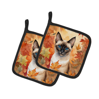 Caroline's Treasures Siamese Cat in Fall Leaves Pair of Pot Holders Kitchen Heat Resistant Pot Holders Sets Oven Hot