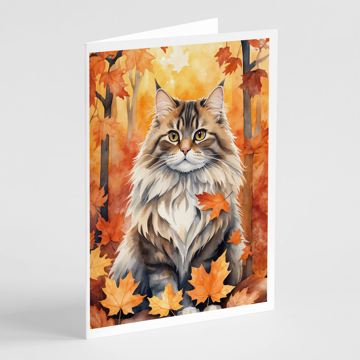 Caroline's Treasures Siberian Cat in Fall Leaves Greeting Cards Pack of 8 Blank Cards with Envelopes Whimsical A7 Size
