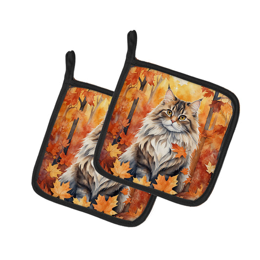 Caroline's Treasures Siberian Cat in Fall Leaves Pair of Pot Holders Kitchen Heat Resistant Pot Holders Sets Oven Hot