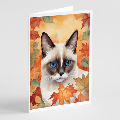 Caroline's Treasures Snowshoe Cat in Fall Leaves Greeting Cards Pack of 8 Blank Cards with Envelopes Whimsical A7 Size