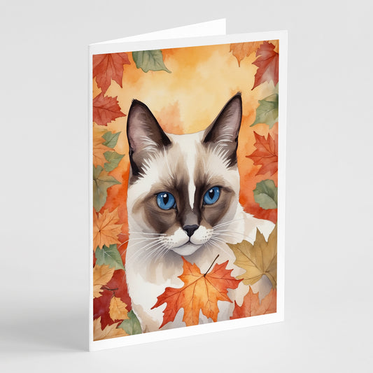 Caroline's Treasures Snowshoe Cat in Fall Leaves Greeting Cards Pack of 8 Blank Cards with Envelopes Whimsical A7 Size