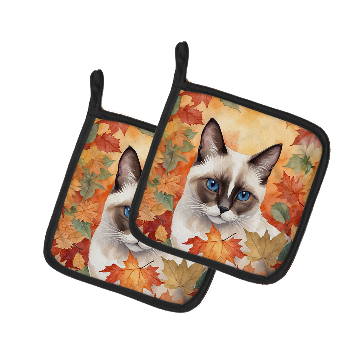 Caroline's Treasures Snowshoe Cat in Fall Leaves Pair of Pot Holders Kitchen Heat Resistant Pot Holders Sets Oven Hot