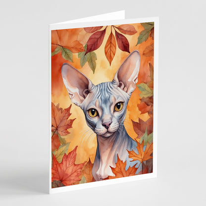 Caroline's Treasures Sphynx Cat in Fall Leaves Greeting Cards Pack of 8 Blank Cards with Envelopes Whimsical A7 Size