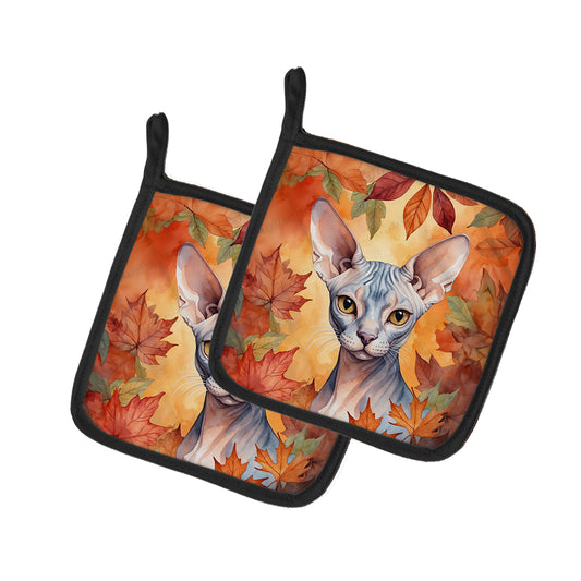 Caroline's Treasures Sphynx Cat in Fall Leaves Pair of Pot Holders Kitchen Heat Resistant Pot Holders Sets Oven Hot