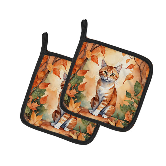 Caroline's Treasures Suphalak Cat in Fall Leaves Pair of Pot Holders Kitchen Heat Resistant Pot Holders Sets Oven Hot