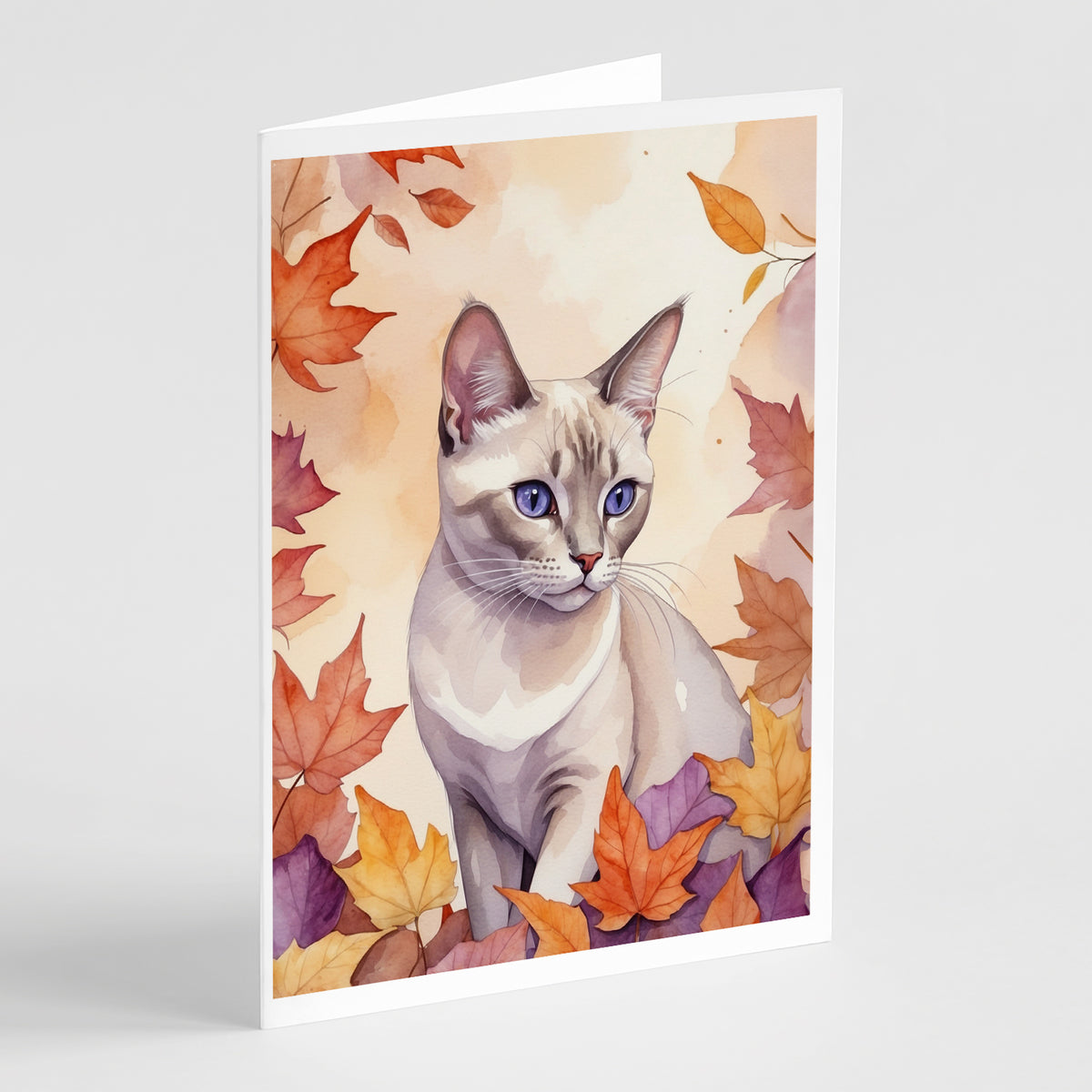 Caroline's Treasures Thai Lilac Cat in Fall Leaves Greeting Cards Pack of 8 Blank Cards with Envelopes Whimsical A7