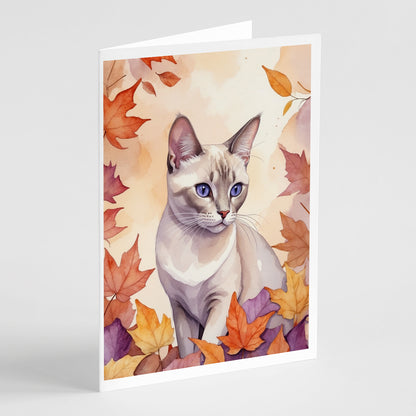 Caroline's Treasures Thai Lilac Cat in Fall Leaves Greeting Cards Pack of 8 Blank Cards with Envelopes Whimsical A7