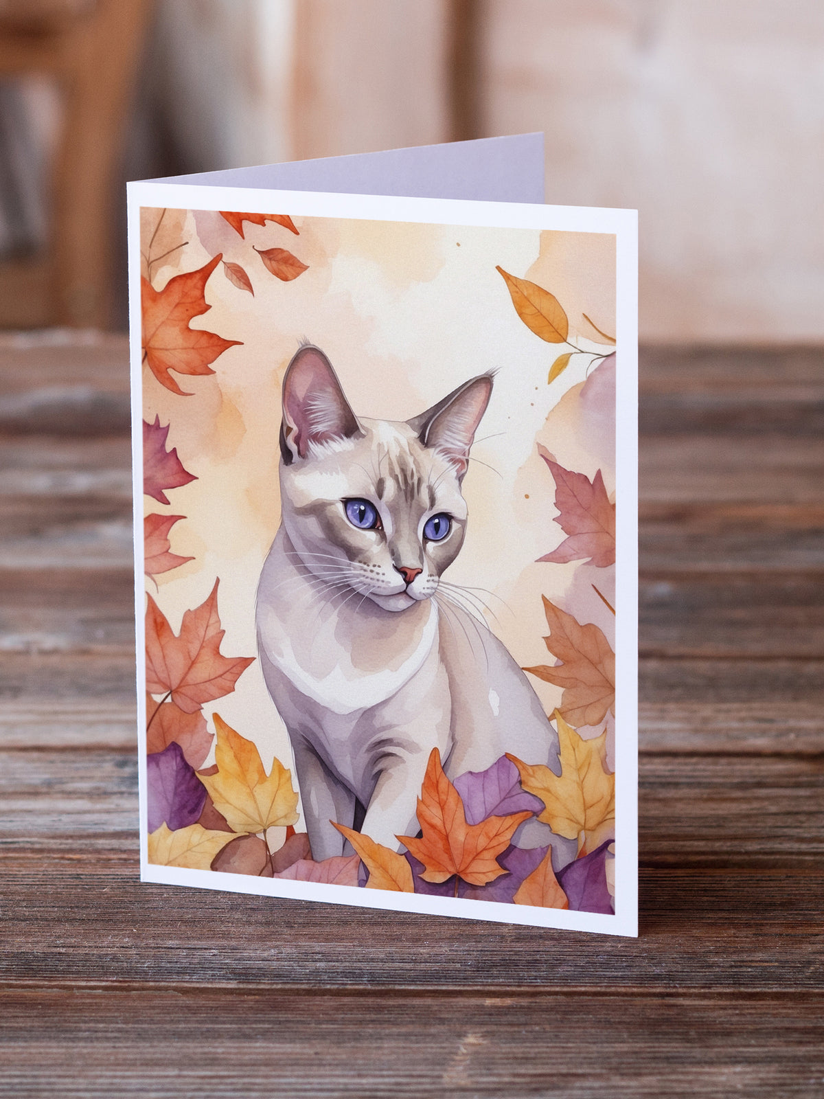 Caroline's Treasures Thai Lilac Cat in Fall Leaves Greeting Cards Pack of 8 Blank Cards with Envelopes Whimsical A7 - image 2