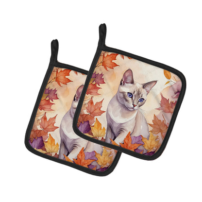 Caroline's Treasures Thai Lilac Cat in Fall Leaves Pair of Pot Holders Kitchen Heat Resistant Pot Holders Sets Oven Hot