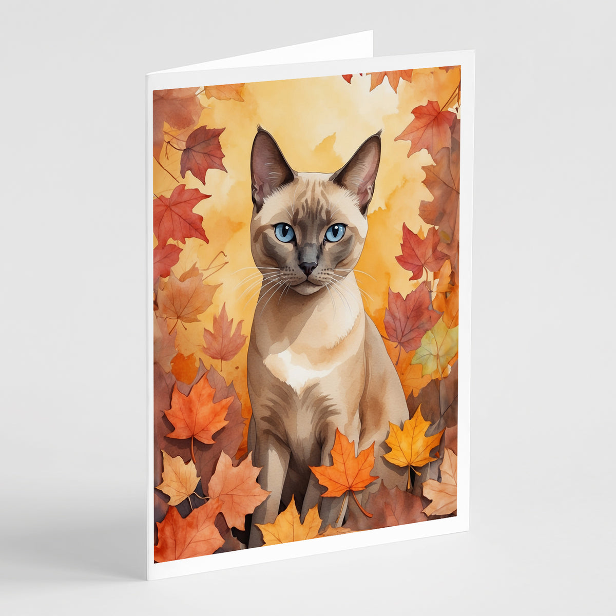Caroline's Treasures Tonkinese Cat in Fall Leaves Greeting Cards Pack of 8 Blank Cards with Envelopes Whimsical A7 Size