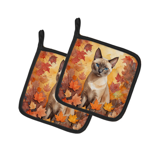 Caroline's Treasures Tonkinese Cat in Fall Leaves Pair of Pot Holders Kitchen Heat Resistant Pot Holders Sets Oven Hot