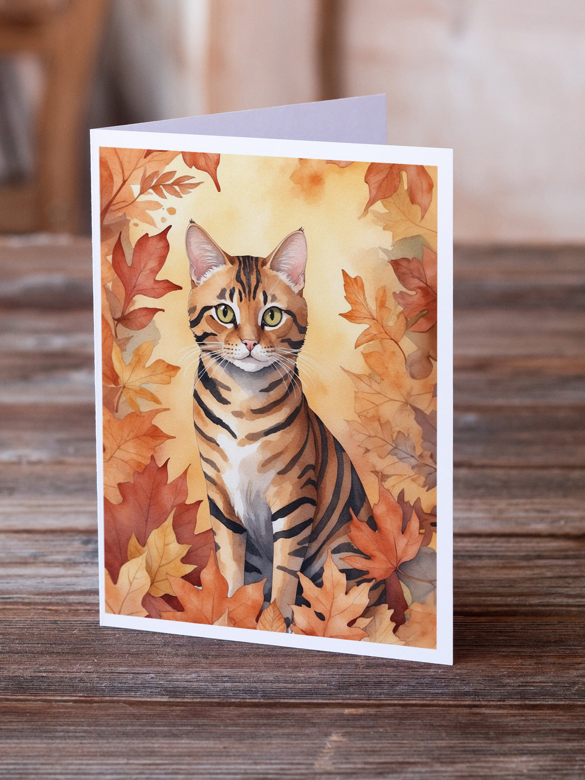 Caroline's Treasures Toyger Cat in Fall Leaves Greeting Cards Pack of 8 Blank Cards with Envelopes Whimsical A7 Size - image 2