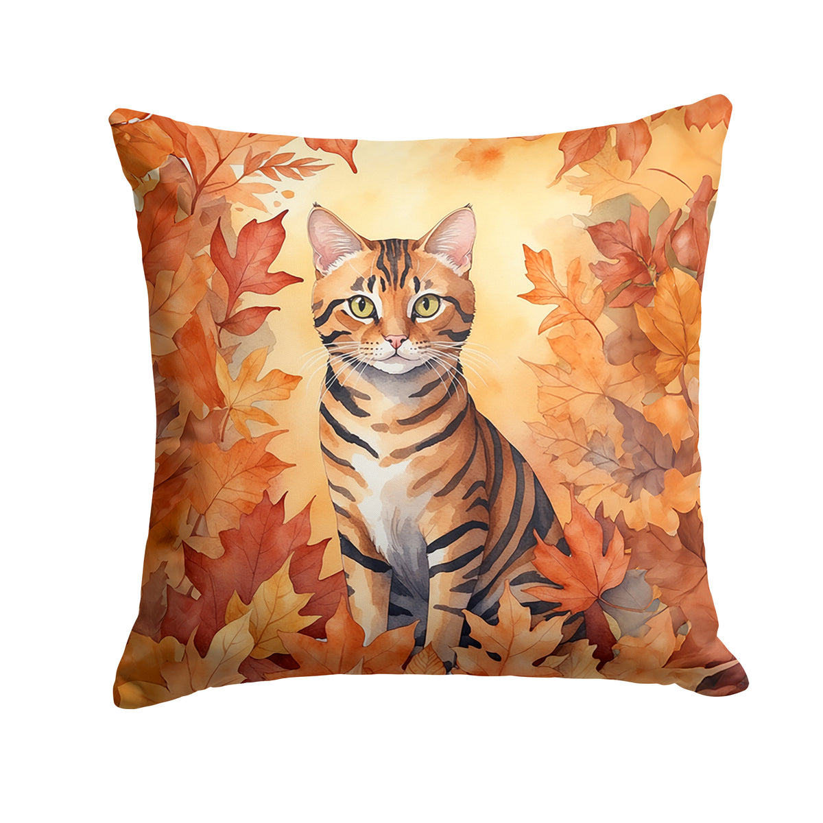 Caroline's Treasures Toyger Cat in Fall Leaves Throw Pillow Machine Washable, Indoor Outdoor Decorative Pillow for