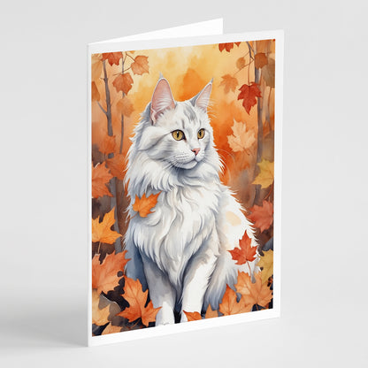 Caroline's Treasures Turkish Angora Cat in Fall Leaves Greeting Cards Pack of 8 Blank Cards with Envelopes Whimsical A7