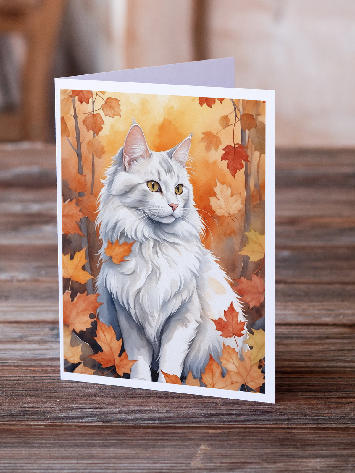 Caroline's Treasures Turkish Angora Cat in Fall Leaves Greeting Cards Pack of 8 Blank Cards with Envelopes Whimsical A7 - image 2