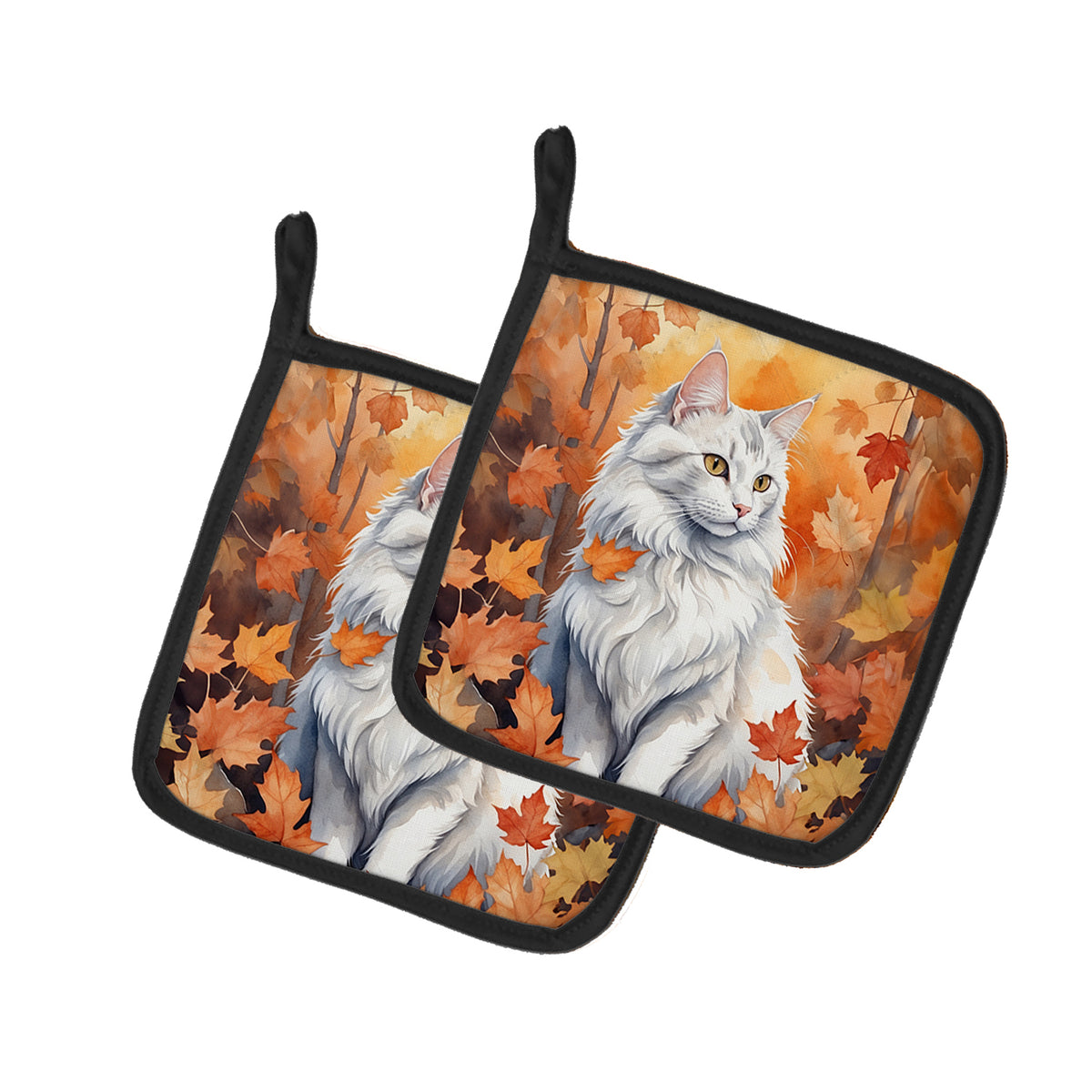 Caroline's Treasures Turkish Angora Cat in Fall Leaves Pair of Pot Holders Kitchen Heat Resistant Pot Holders Sets Oven