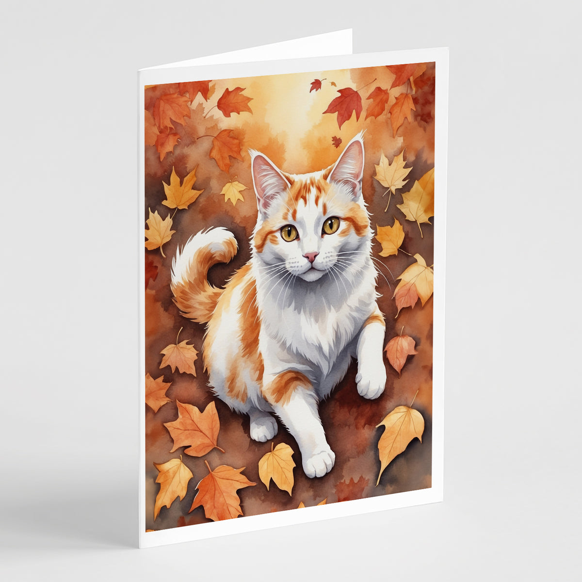 Caroline's Treasures Turkish Van Cat in Fall Leaves Greeting Cards Pack of 8 Blank Cards with Envelopes Whimsical A7