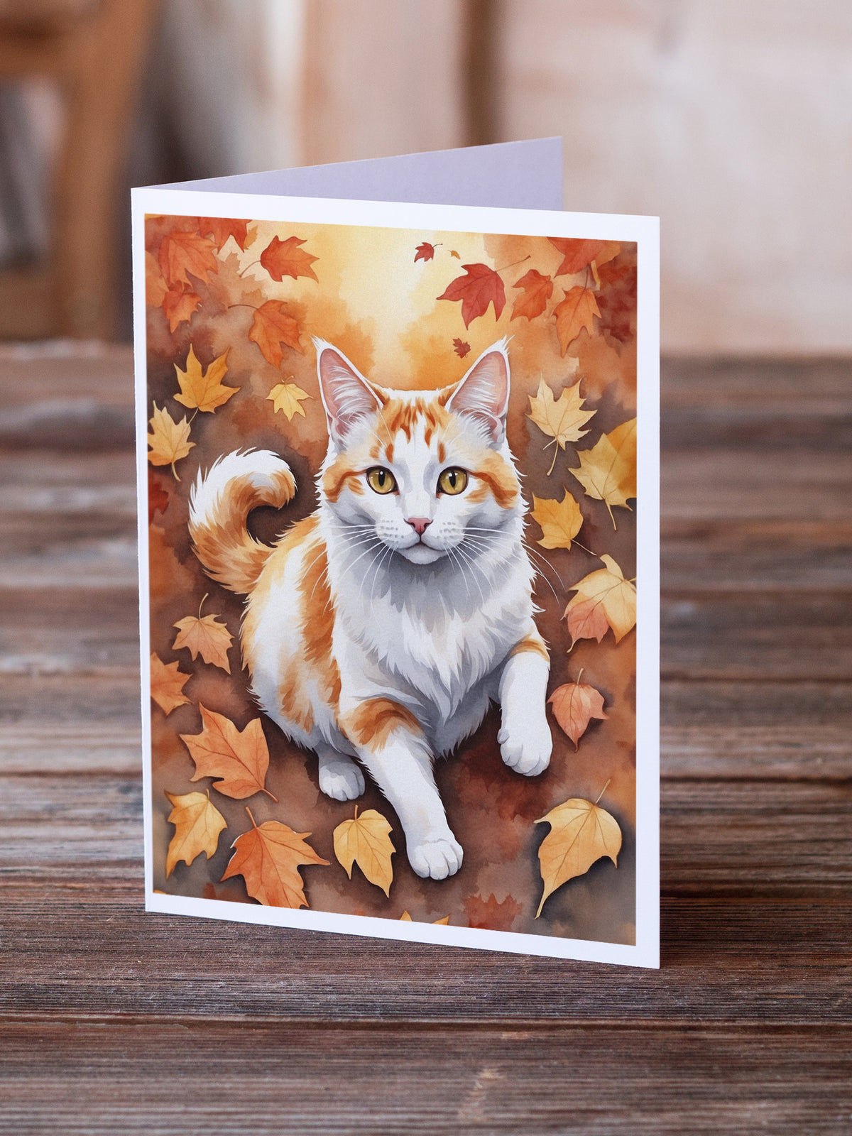 Caroline's Treasures Turkish Van Cat in Fall Leaves Greeting Cards Pack of 8 Blank Cards with Envelopes Whimsical A7 - image 2