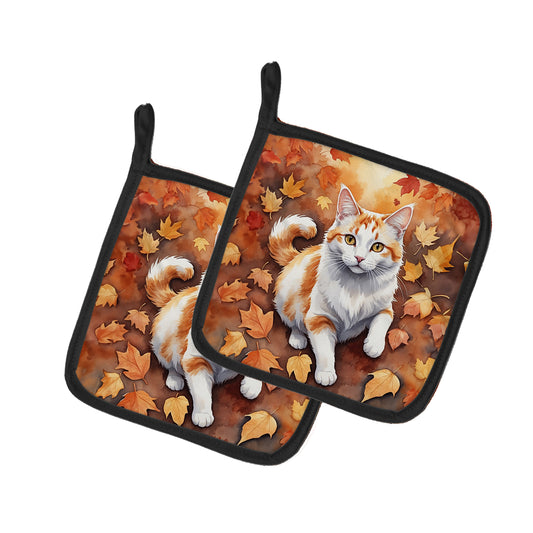 Caroline's Treasures Turkish Van Cat in Fall Leaves Pair of Pot Holders Kitchen Heat Resistant Pot Holders Sets Oven