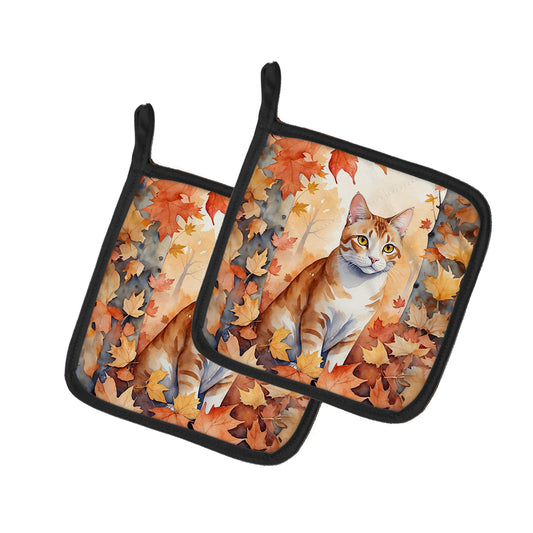 Caroline's Treasures Ural Rex Cat in Fall Leaves Pair of Pot Holders Kitchen Heat Resistant Pot Holders Sets Oven Hot
