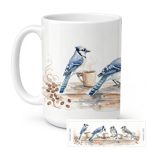 Caroline's Treasures Blue Jays Morning Coffee Ceramic Coffee Mug 15 oz Decorative Large C Handle Mug Cup for Tea, Cocoa Hot Chocolate