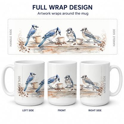 Caroline's Treasures Blue Jays Morning Coffee Ceramic Coffee Mug 15 oz Decorative Large C Handle Mug Cup for Tea, Cocoa Hot Chocolate