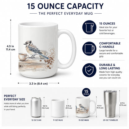 Caroline's Treasures Blue Jays Morning Coffee Ceramic Coffee Mug 15 oz Decorative Large C Handle Mug Cup for Tea, Cocoa Hot Chocolate