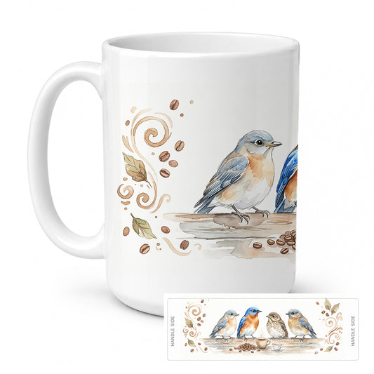 Caroline's Treasures Bluebirds Morning Coffee Ceramic Coffee Mug 15 oz Decorative Large C Handle Mug Cup for Tea, Cocoa Hot Chocolate