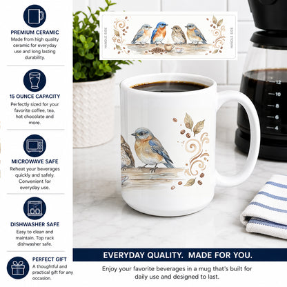Caroline's Treasures Bluebirds Morning Coffee Ceramic Coffee Mug 15 oz Decorative Large C Handle Mug Cup for Tea, Cocoa Hot Chocolate